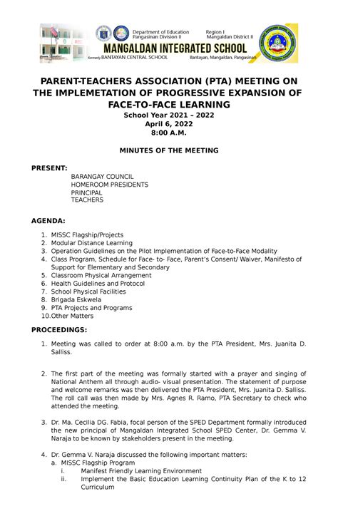 PTA Minutes of the Meeting 2022 - PARENT-TEACHERS ASSOCIATION (PTA ...