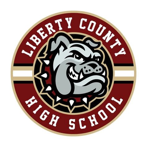 the liberty county high school logo is shown in red and gold with an ...