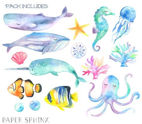 Sweet Sea Life Watercolor Pack: 15 sweet ocean hand-painted nautical ...