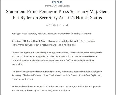 Pentagon Releases New Statement on Defense Secretary Lloyd Austin Still ...