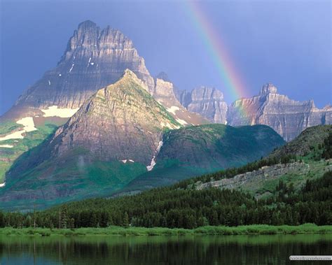 Rainbow Over The Mountain, forest, lake, light, mountain, rainbow, sky, sun