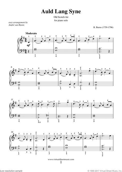 Auld Lang Syne (simplified) sheet music for piano solo (PDF)