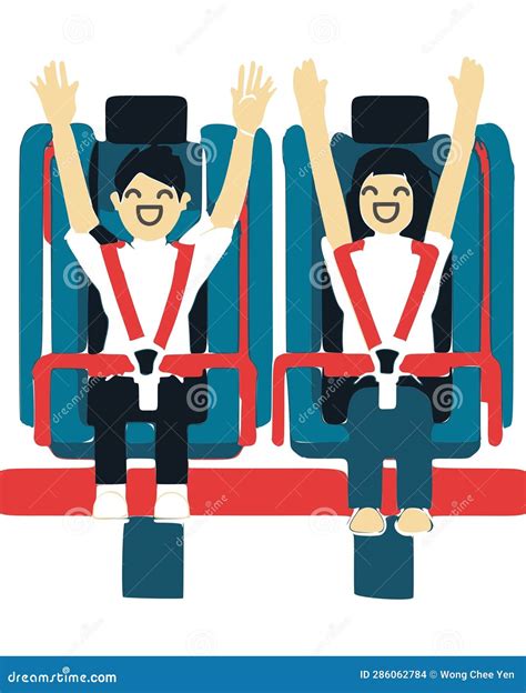 Happy Couple Raise Arms Roller Coaster Seatbelt Vector Graphics Illustration Stock Illustration ...