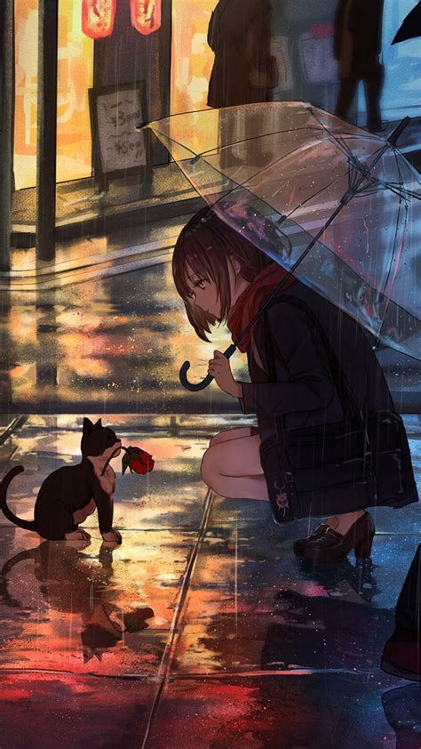 Cute anime girls and cats umbrella urban city rain : Update HD phone wallpaper | Pxfuel