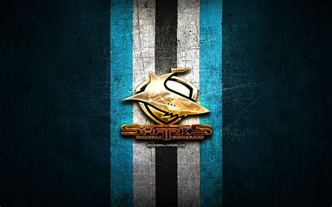 Cronulla Sharks, golden logo, National Rugby League, blue metal background, australian rugby ...