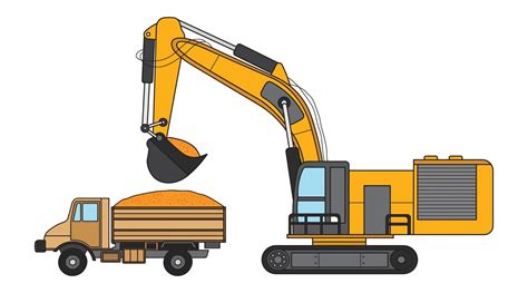 Vector illustration Hand drawn color children construction medium size excavator with dump truck ...