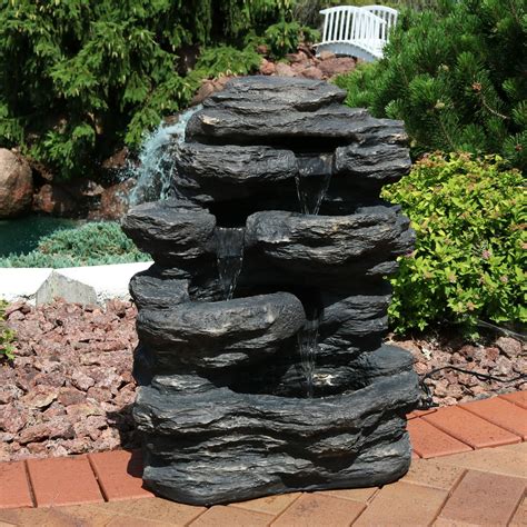 Sunnydaze Rock Falls Outdoor Water Fountain with LED Lights - Rock ...