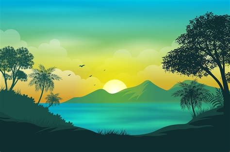 Premium Vector | Beautiful sunset or sunrise with green and yellow ...