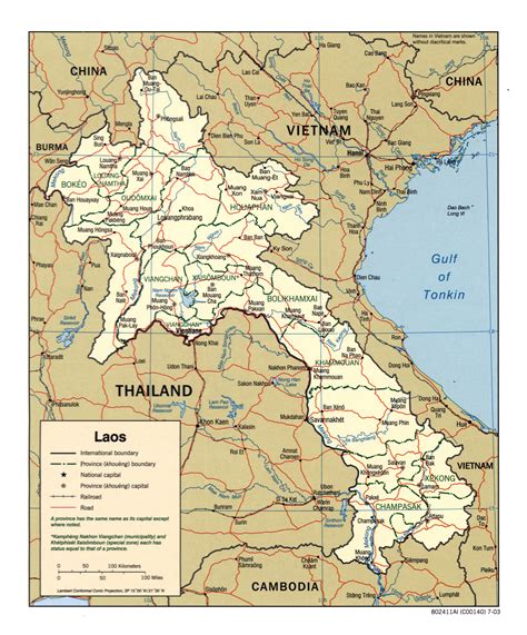 Large detailed political and administrative map of Laos with roads, railroads and major cities ...