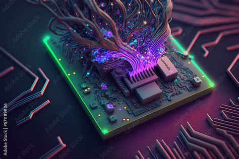 Neuroprocessor. An abstract 3D illustration of a chip processor with bioluminescent elements ...