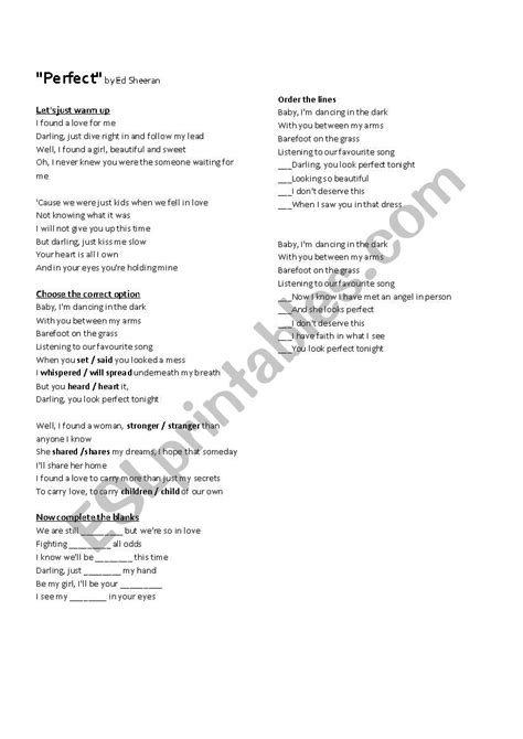 Perfect - Ed Sheeran - Lyrics worksheet - ESL worksheet by MLupich