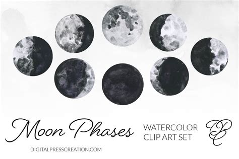 Watercolor Moon Phases Clipart - Digital Press Creation