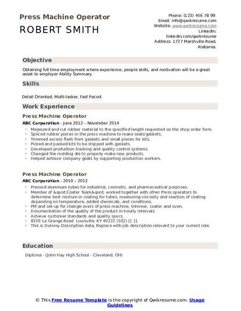 Press Machine Operator Resume Samples | QwikResume