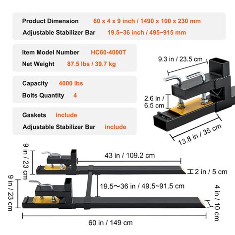 VEVOR Pallet Forks, 2000 lbs Clamp on Pallet Forks, 43" Total Length ...