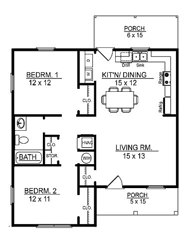 Floor Plans AFLFPW17415 - 1 Story Cottage Home with 2 Bedrooms, 1 Bathroom and 856 tota ...