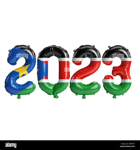 3d illustration of 2023 year balloons with South Sudan flag isolated on ...