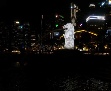 The Singapore Merlion Statue at Night with Buildings As Background ...