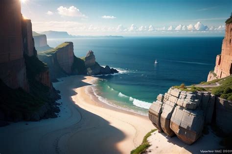 Premium AI Image | A beach with a rocky cliff and a boat on the water