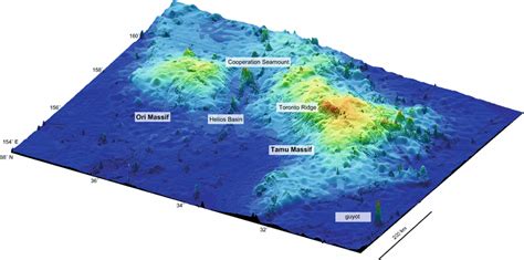 Oblique perspective view of Tamu Massif, Ori Massif and Helios Basin ...