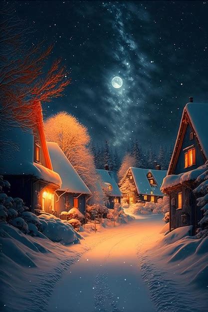 Premium Photo | Snowy village at night with a full moon in the sky ...