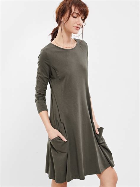 Green Long Sleeve Pockets Casual Dress -SheIn(Sheinside)