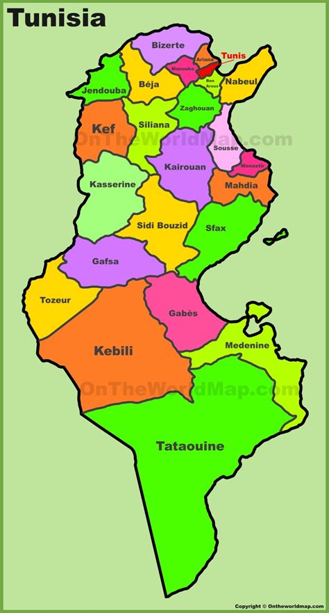 Administrative divisions map of Tunisia