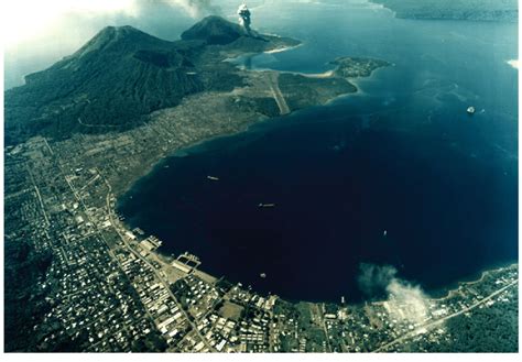 Aerial view of Rabaul Town from the northwest in early January 1996 ...