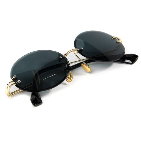 Rimless Round Cut Gold Frame Dark Black Tint Glasses