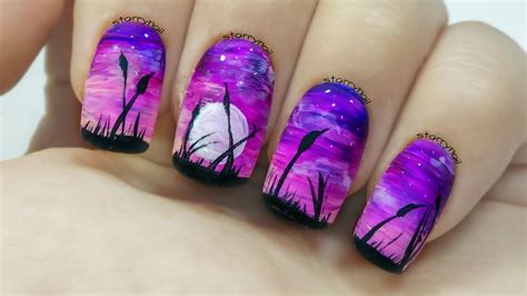 Easy Purple Landscape [Freehand Nail Art] - YouTube