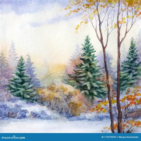 Watercolor Landscape. Winter in the Forest Stock Image - Image of painting, silhouette: 173579559