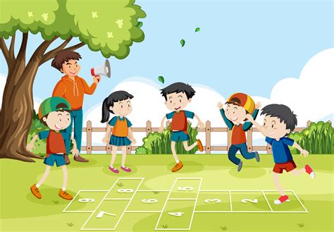 Children playing hopscotch game at the park 7190758 Vector Art at Vecteezy