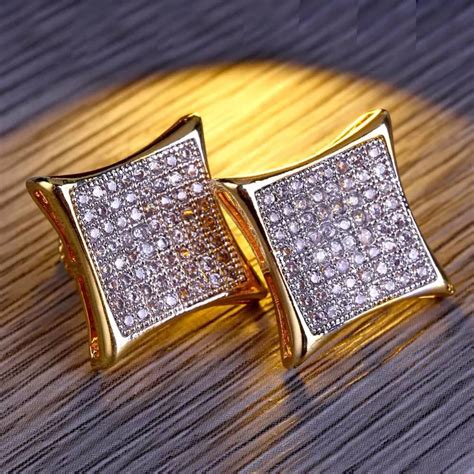 Men's Hip Hop Stud Earring Gold Color Copper Material Micro Pave Rhinestone Bling Ice Out Square ...