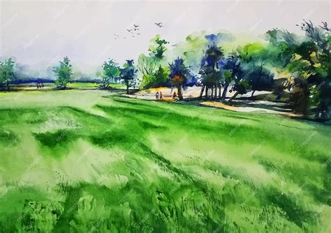 Premium Vector | Landscape with green watercolor paint