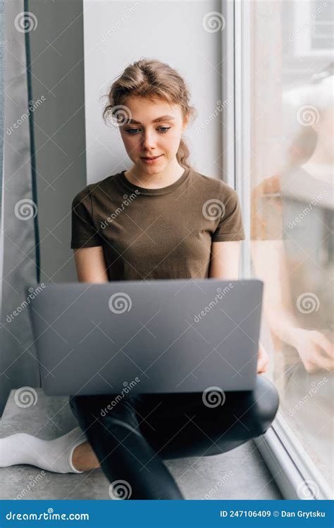 Young Woman Sitting on Windowsill with Laptop at Home Stock Image - Image of internet, person ...