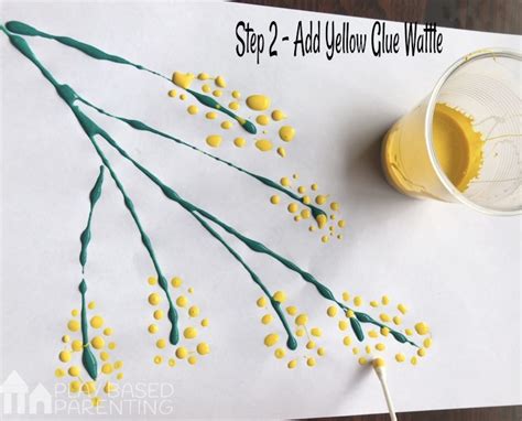 Australian wattle painting for kids - Water colour, salt and 3D glue effects.