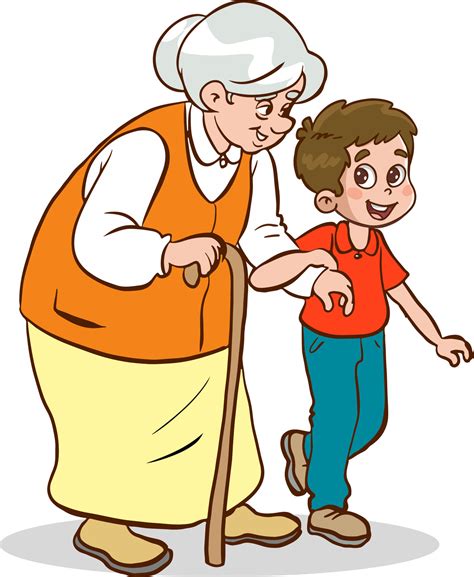 child helping old woman.old woman and child walking on crosswalk ...