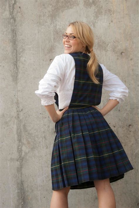 Vintage plaid dress school girl uniform pleated tartan