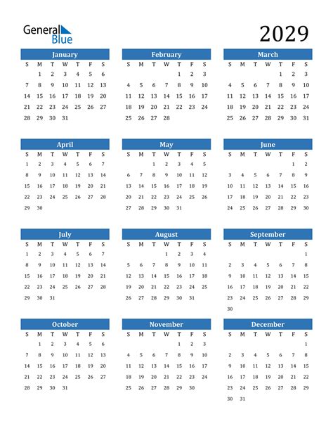 2029 Calendar (PDF, Word, Excel)