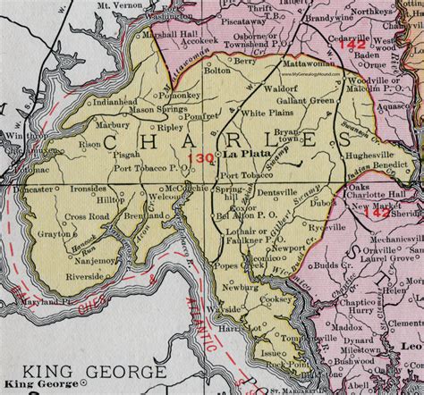 Charles County, Maryland, Map, 1911, Rand McNally, La Plata, Waldorf ...