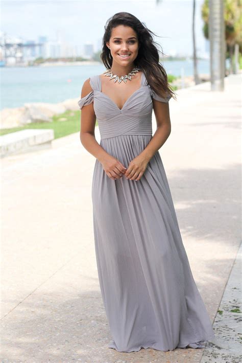Gray Off Shoulder Maxi Dress | Bridesmaid Dresses – Saved by the Dress