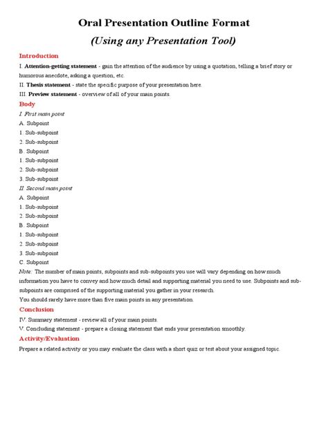 Oral Presentation Outline Format