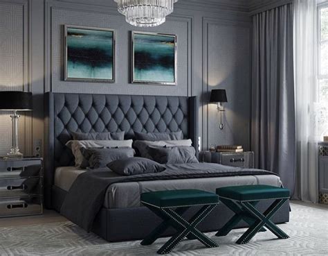 Stunning modern style teal luxury bedroom decor with grey tufted bed #tealbedroom | Classic ...