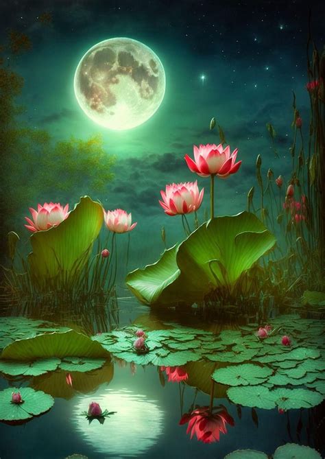 a painting of water lilies in front of a full moon