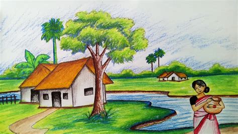 Farjana Drawing Oil Pastel Village Nature Scenery Drawing - meioambientesuianealves