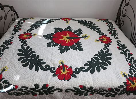 Hawaiian Quilt 100% Hand Quilted/Hand Appliqued Full/Queen Bedspread 80 ...