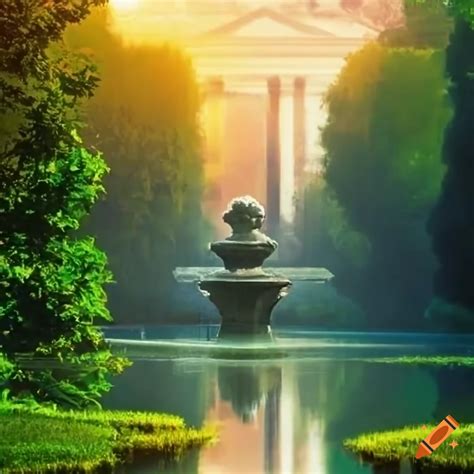 Monet-inspired garden landscape with a baroque fountain