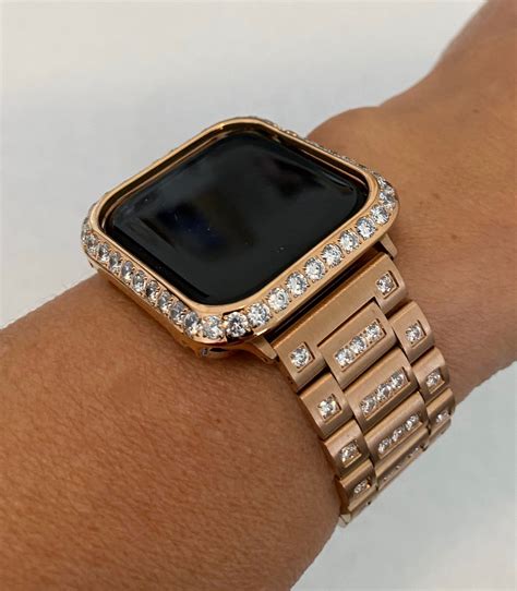 Apple Watch Band Woman 38mm 40mm 42mm 44mm Rose Gold and or Lab Diamond Bezel Iwatch Bling ...