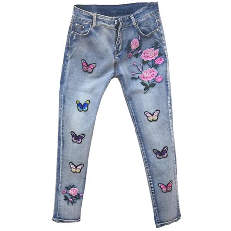 Embroidered Butterfly Flower Jeans New Fashion Women Elastic Skinny ...