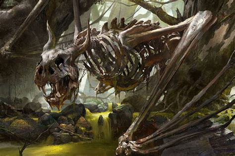 Dragon nest in the corrupted forest, art, skeleton, fantasy, luminos ...