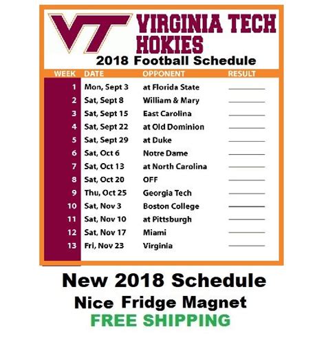 Virginia Tech Hokies 2018 College Football Schedule Refrigerator Magnet ...